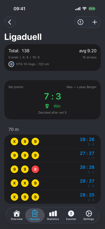Match scoring with set points and set list