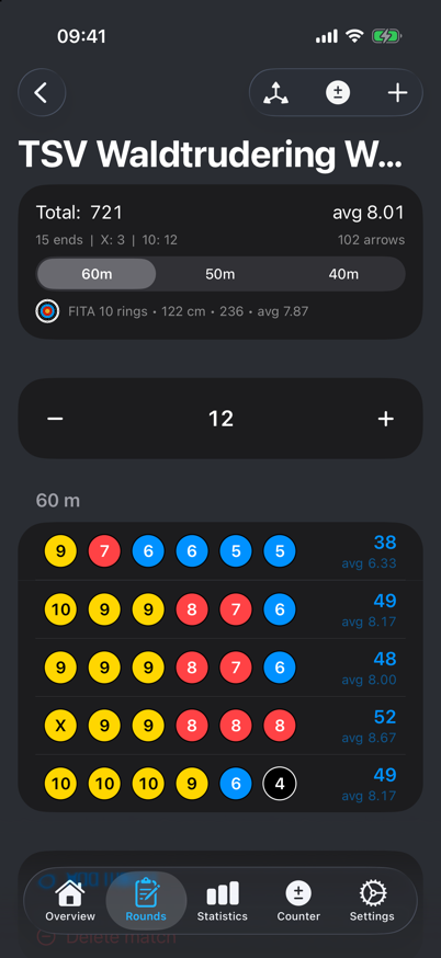 Round with four sections at 90, 70, 50 and 30 metres
