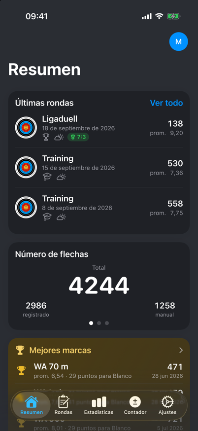 Resumen de ArrowNotes con las últimas rondas, el recuento de flechas y las tendencias